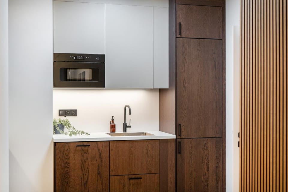 Kitchen or kitchenette, microwave