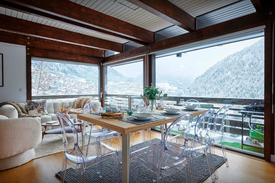 Natural landscape, Winter, Living room, Seating area, Dining area, Mountain view