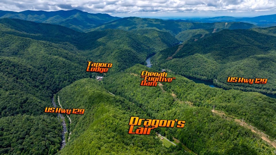 Nearby landmark, Natural landscape, Text overlay, Mountain view