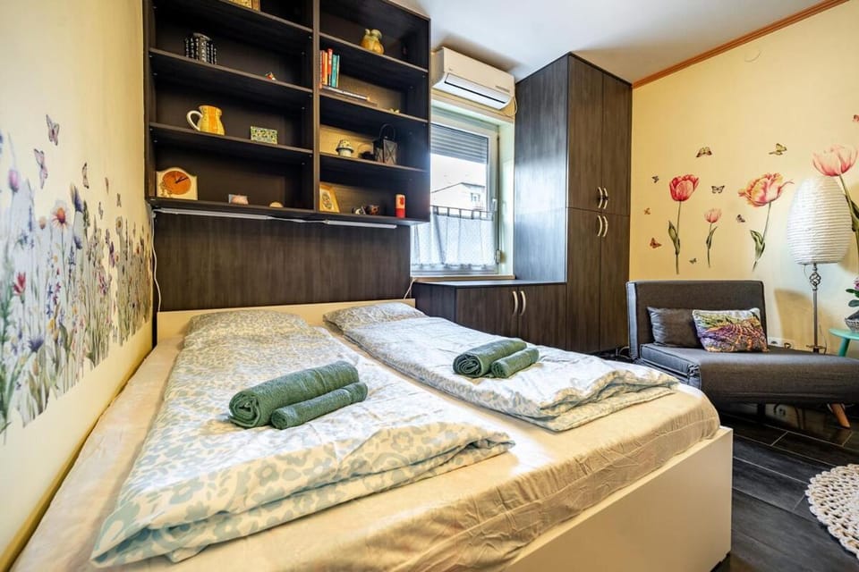 Bed, wardrobe