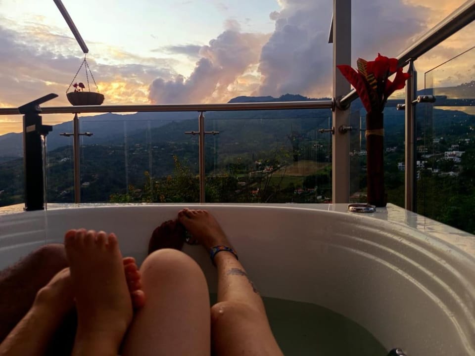People, Natural landscape, Hot Tub, Balcony/Terrace, Mountain view, Sunset, group of guests