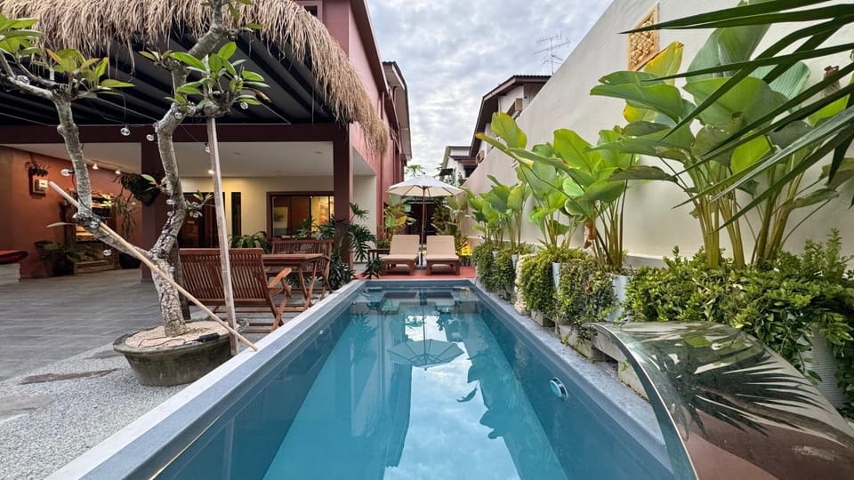 Natural landscape, Garden, Garden view, Pool view, Swimming pool, sunbed