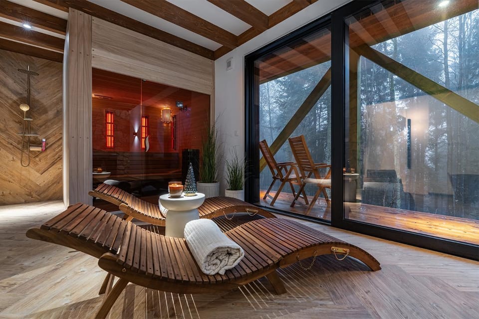 Shower, Sauna, Spa and wellness centre/facilities, Seating area, Mountain view