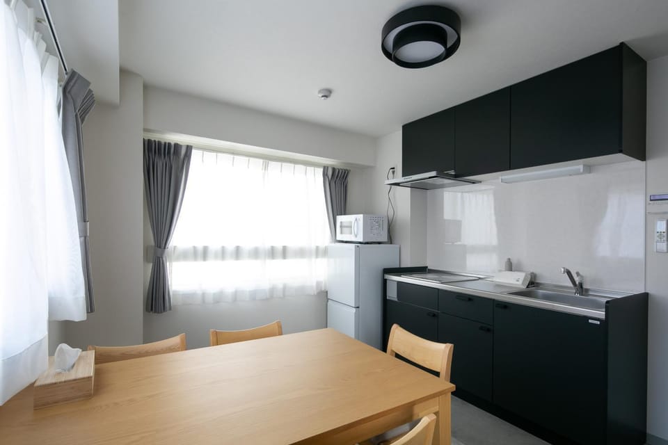 Kitchen or kitchenette, microwave, stove