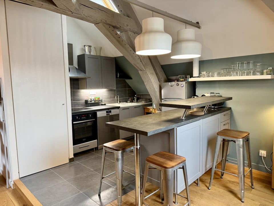 Kitchen or kitchenette, oven, stove