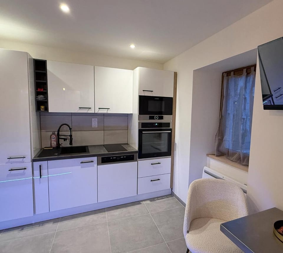 Kitchen or kitchenette, dishwasher, oven, stove