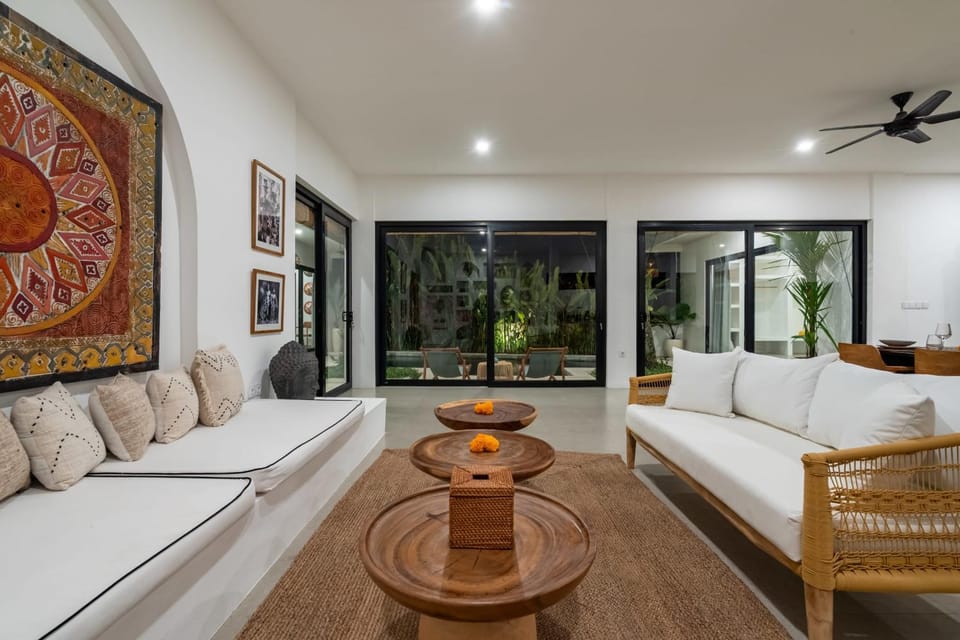 Living room, Seating area, Pool view