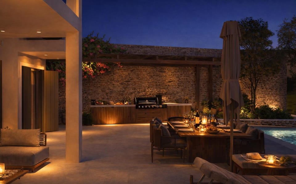 Property building, Patio, Night, Natural landscape, BBQ facilities, Food and drinks, Seating area, Dining area, Food, Pool view, Swimming pool, Swimming pool, sunbed