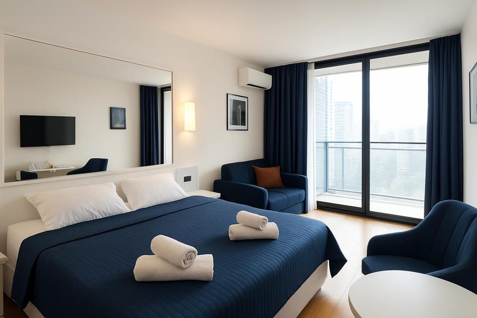 Bed, TV and multimedia, Living room, Photo of the whole room, Seating area, Bedroom, towels, air conditioner