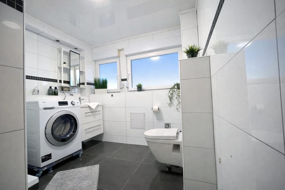 Toilet, Bathroom, towels, washing machine