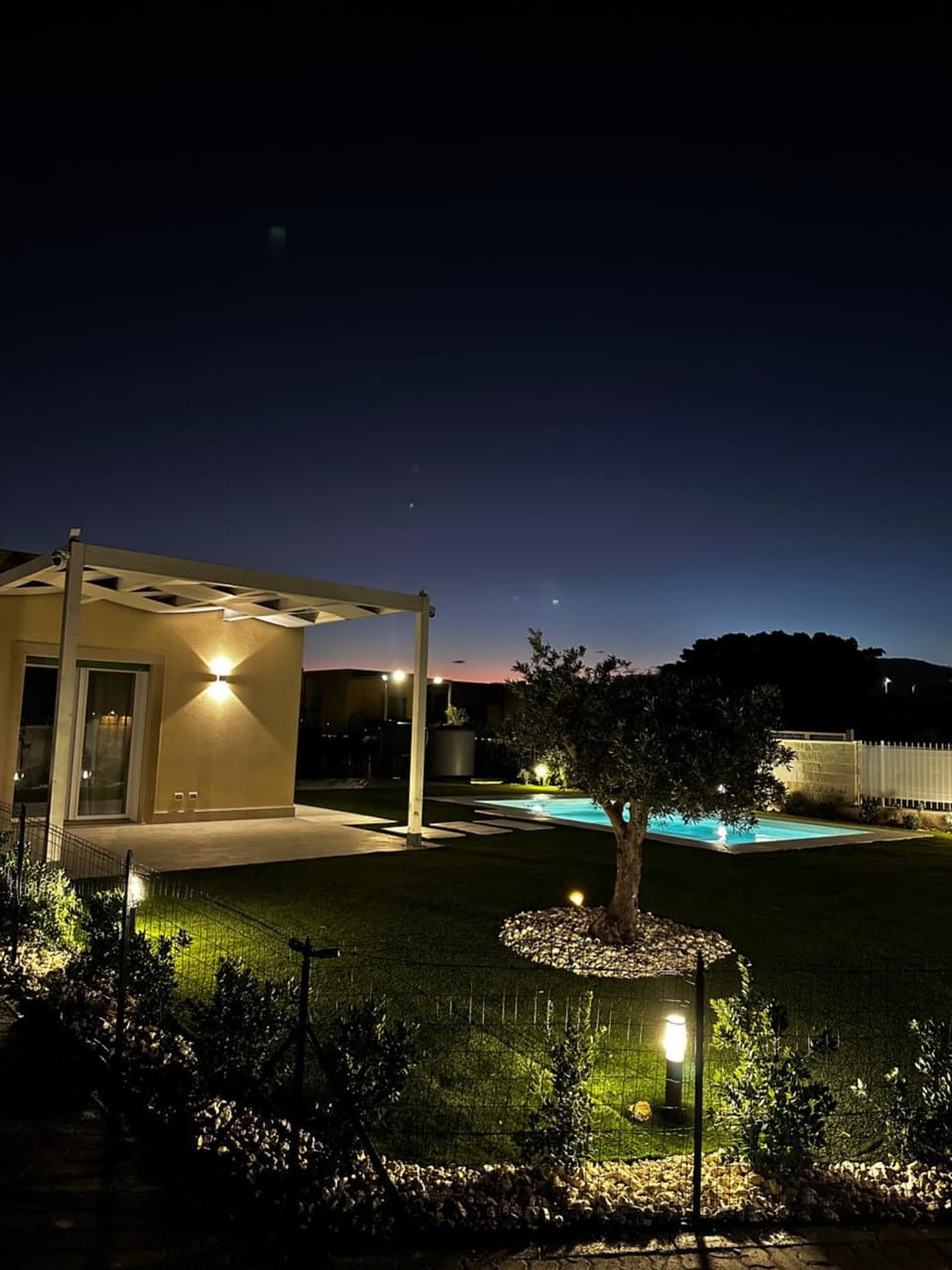 Property building, Night, Garden, Garden view, Pool view, Swimming pool