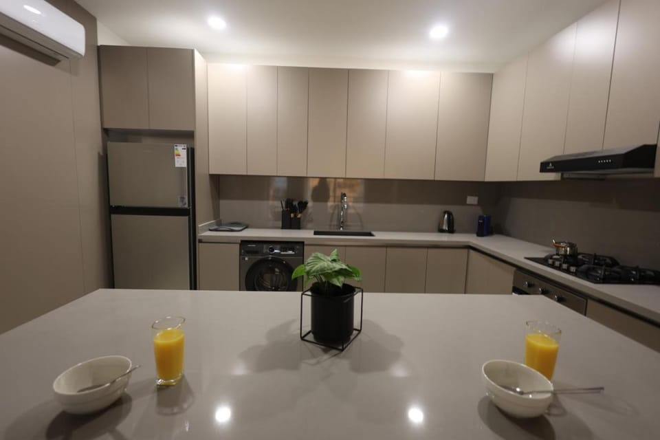 Kitchen or kitchenette, oven, stove, washing machine