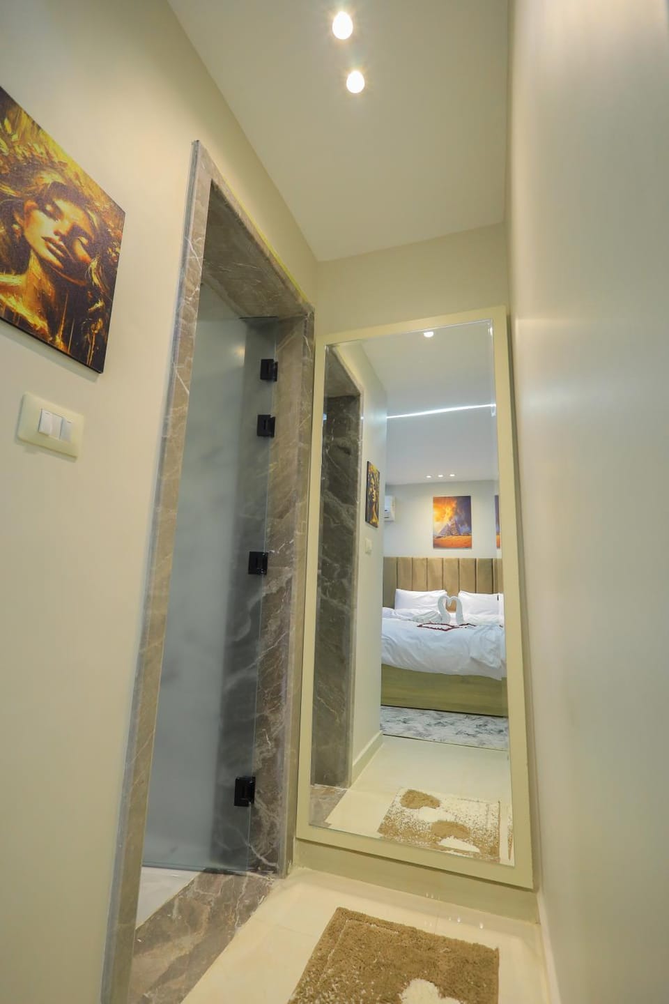 Shower, Bed, Bathroom, Photo of the whole room, Bedroom, towels, wardrobe