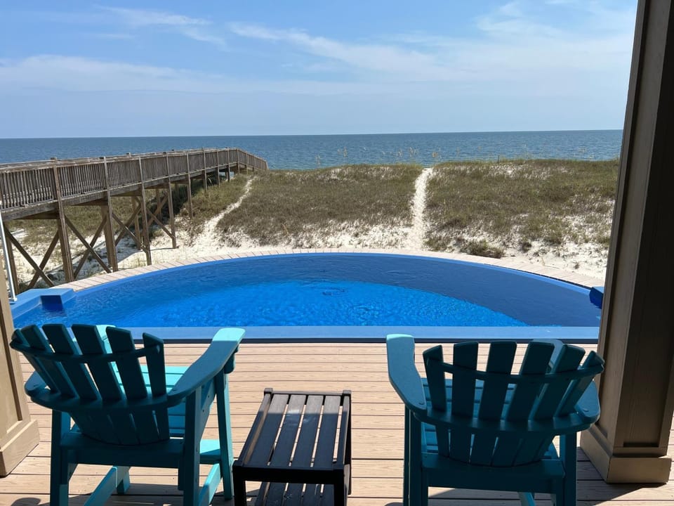 Patio, Day, Natural landscape, View (from property/room), Balcony/Terrace, Balcony/Terrace, Beach, Pool view, Sea view, Swimming pool, Swimming pool, sunbed