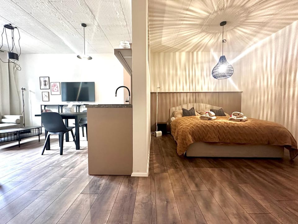 TV and multimedia, Kitchen or kitchenette, Living room, Photo of the whole room, Seating area, Dining area, Bedroom