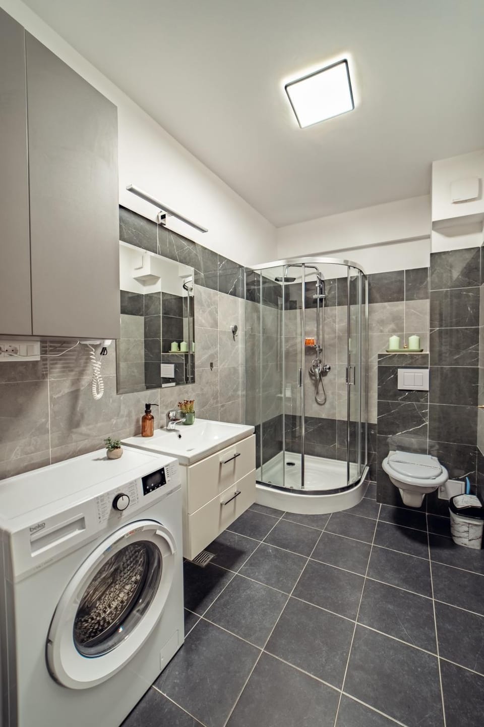 Shower, Toilet, Bathroom, Kitchen or kitchenette, towels, washing machine, dryer