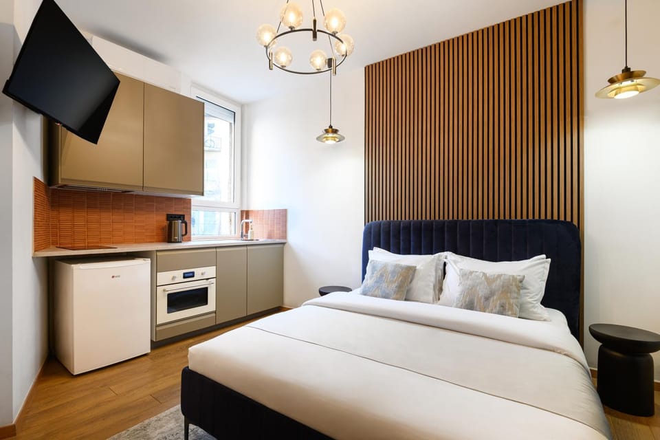 Bed, TV and multimedia, Kitchen or kitchenette, Photo of the whole room, Bedroom, oven, stove