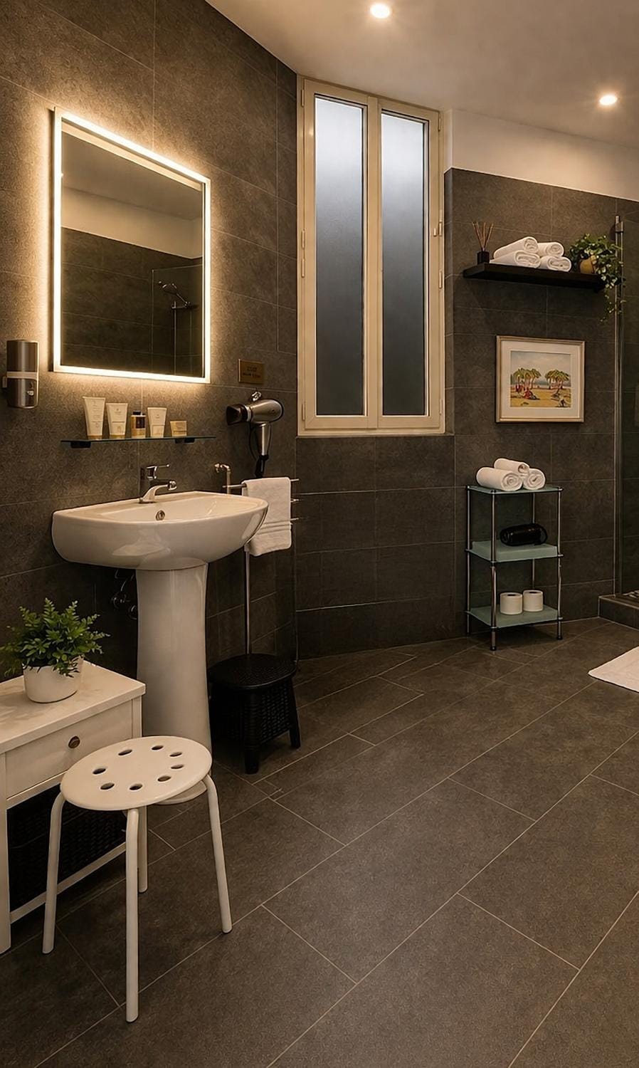 Shower, Bathroom, bidet, hair dryier, towels