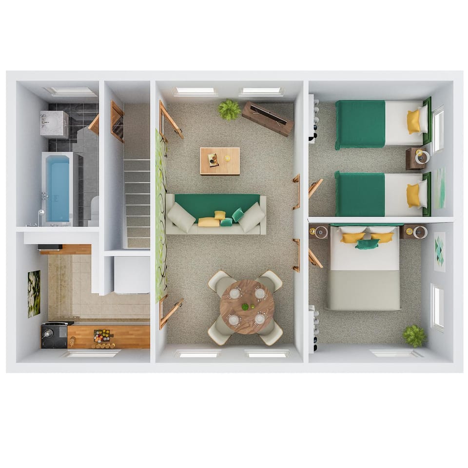 Bird's eye view, Bathroom, Kitchen or kitchenette, Living room, Floor plan, Dining area, Bedroom