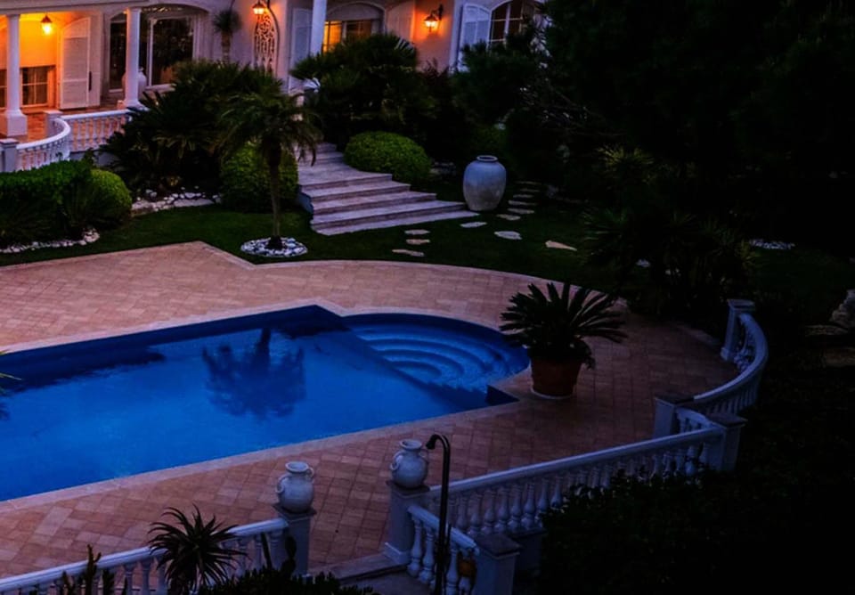 Property building, Night, Natural landscape, Garden, Garden view, Pool view, Swimming pool, sunbed