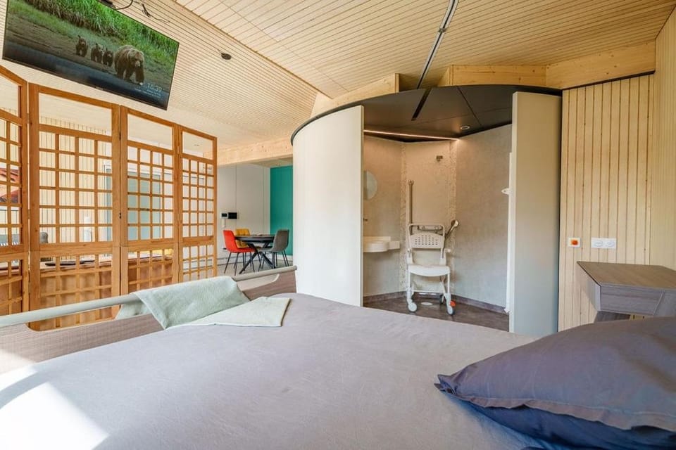 Shower, Bed, Bathroom, TV and multimedia, Bedroom, wardrobe