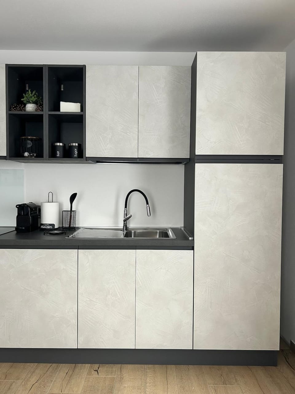 Kitchen or kitchenette, stove