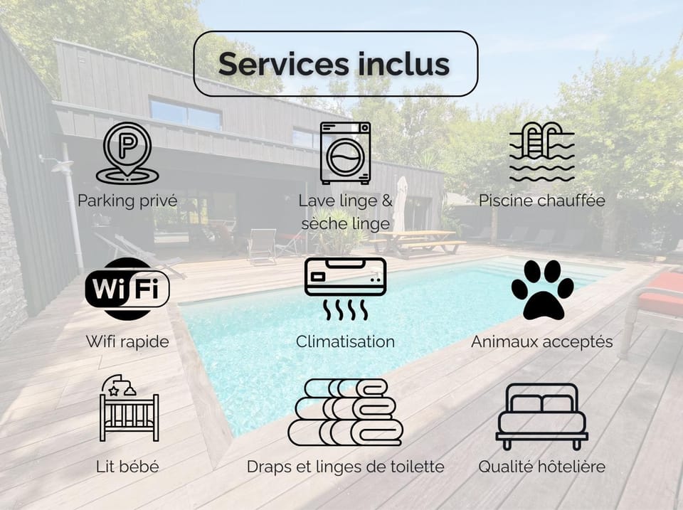 Text overlay, Swimming pool, Parking, internet, towels, air conditioner