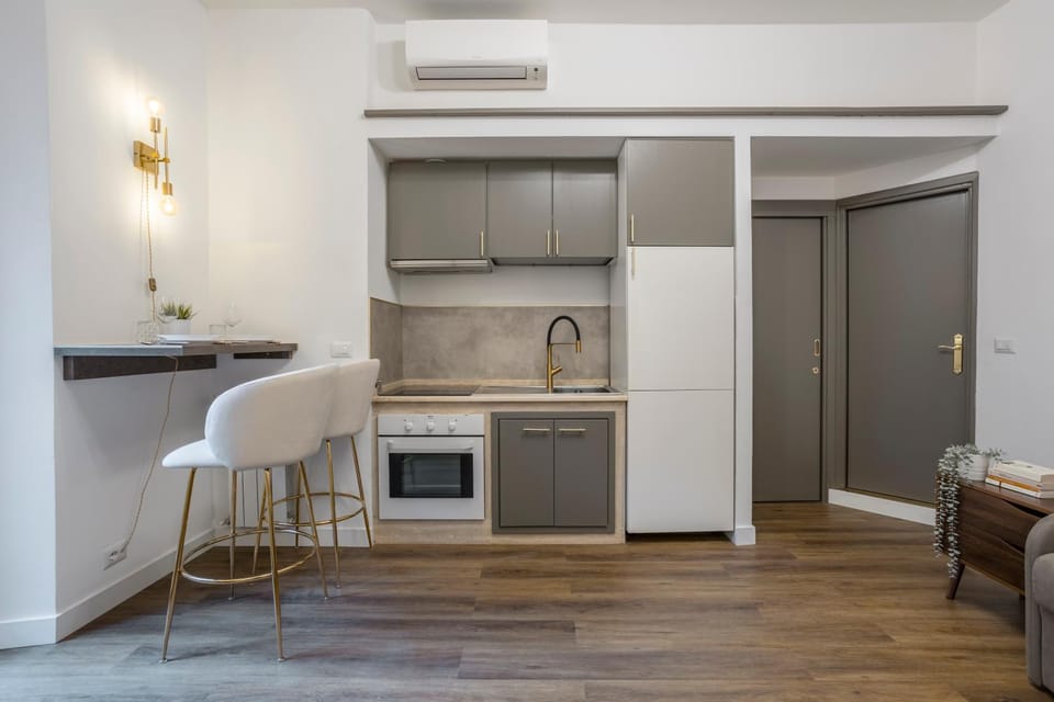 Kitchen or kitchenette, Living room, Dining area, oven, stove, air conditioner