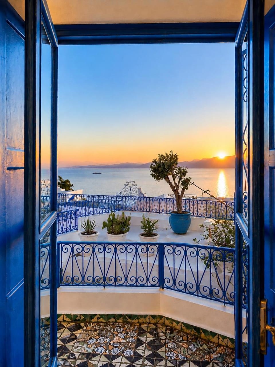 Natural landscape, View (from property/room), Balcony/Terrace, Sea view, Sunset