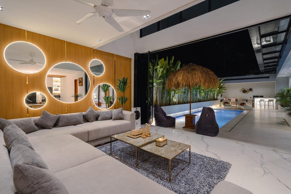 Living room, Seating area, Pool view