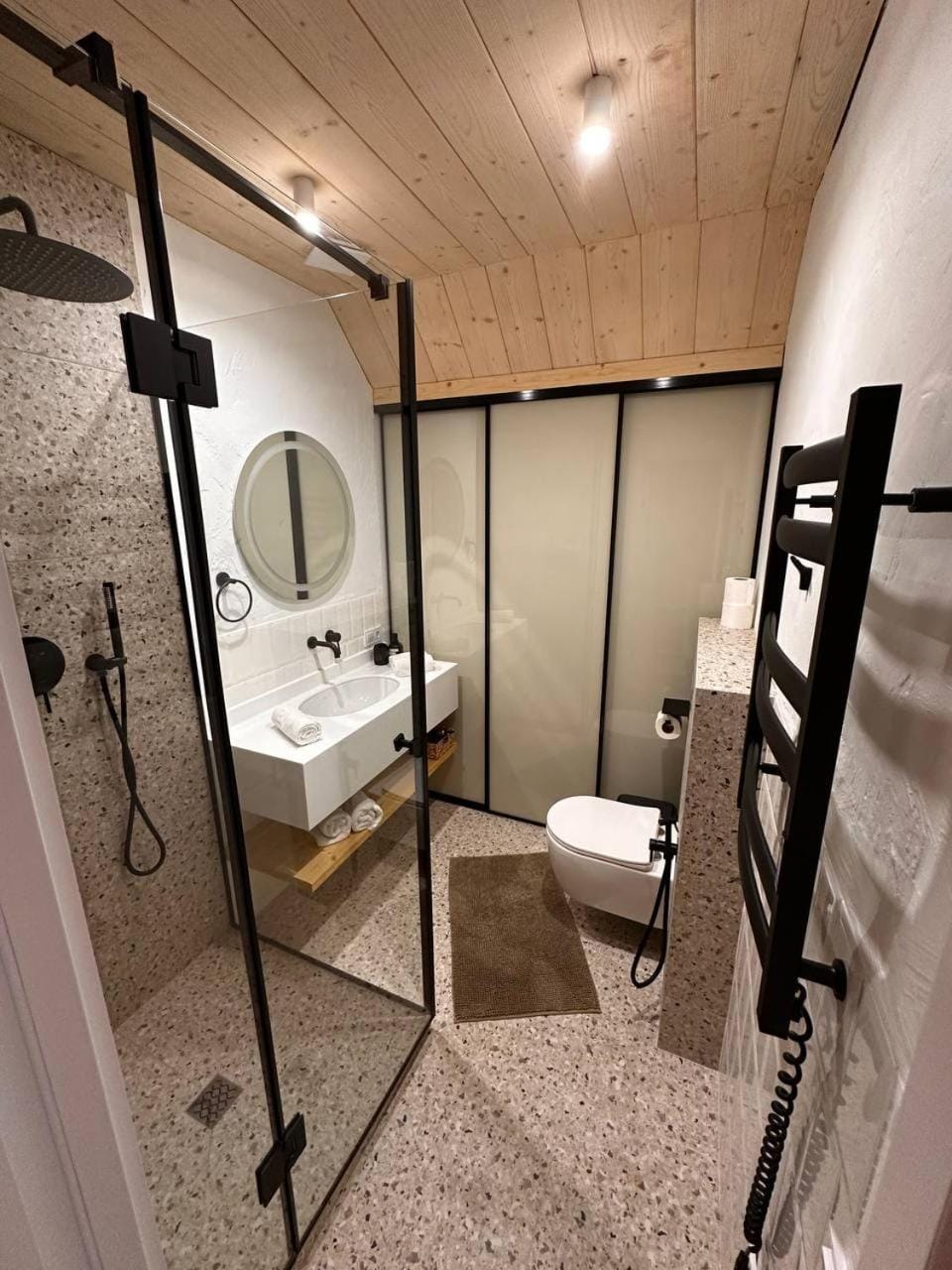 Shower, Toilet, flat iron, towels