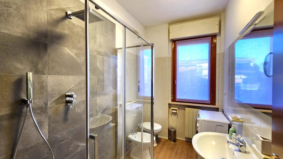 Shower, Toilet, Bathroom, bidet, towels, washing machine