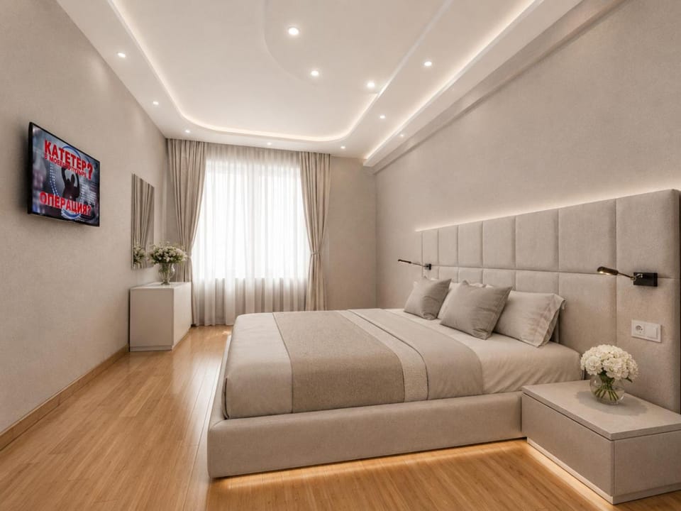 Bed, Living room, Seating area, Bedroom