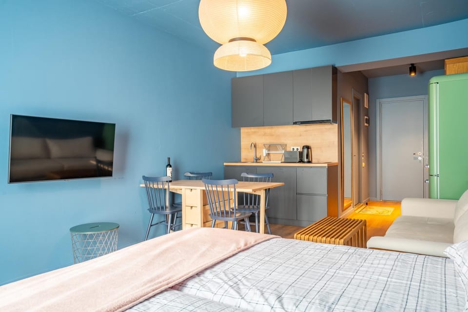 Bed, TV and multimedia, Kitchen or kitchenette, Living room, Photo of the whole room, Seating area, Bedroom, oven