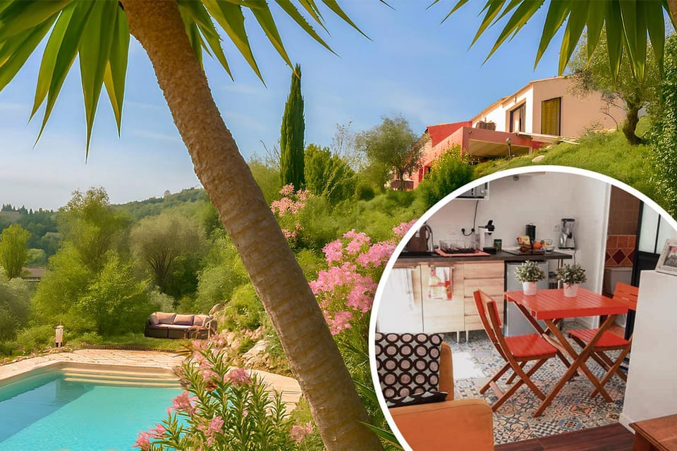 Property building, Patio, Spring, Natural landscape, Garden view, Pool view, sunbed