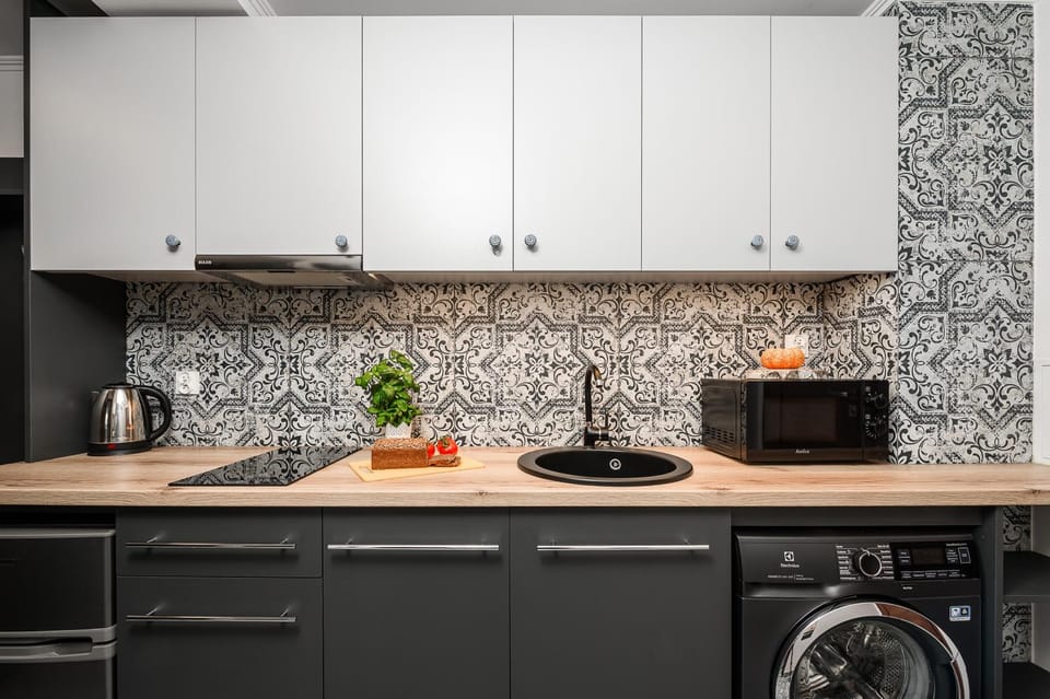 Kitchen or kitchenette, dishwasher, microwave, oven, stove, washing machine, kitchen