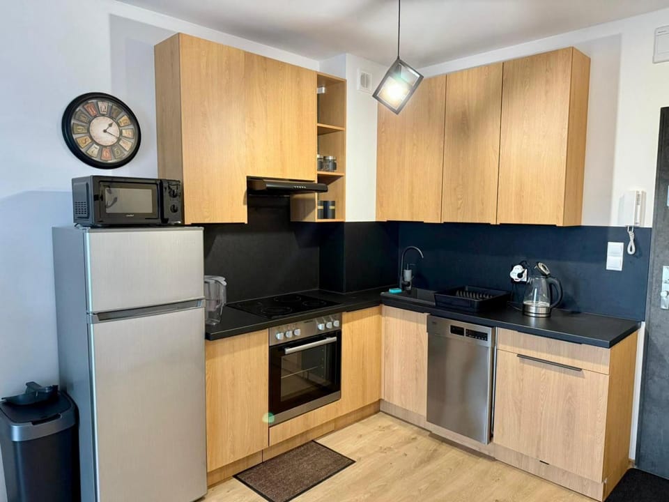 Kitchen or kitchenette, dishwasher, stove