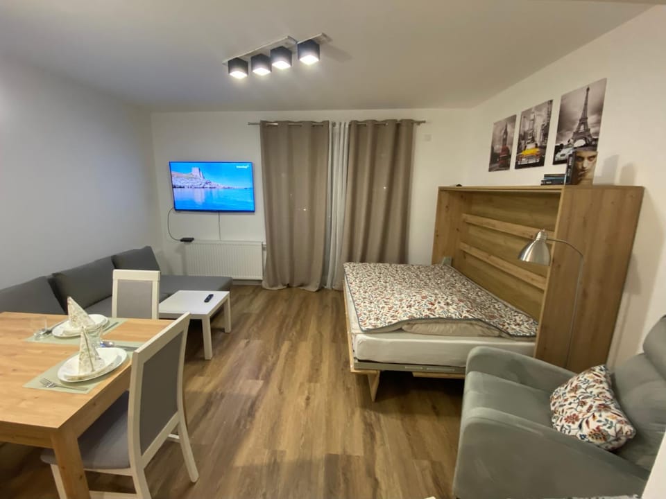 Bed, TV and multimedia, Living room, Seating area, Bedroom