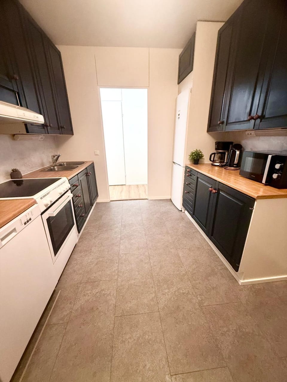 Kitchen or kitchenette, dishwasher, oven, stove