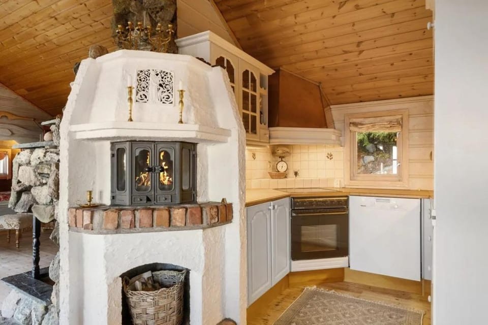 Kitchen or kitchenette, fireplace, stove