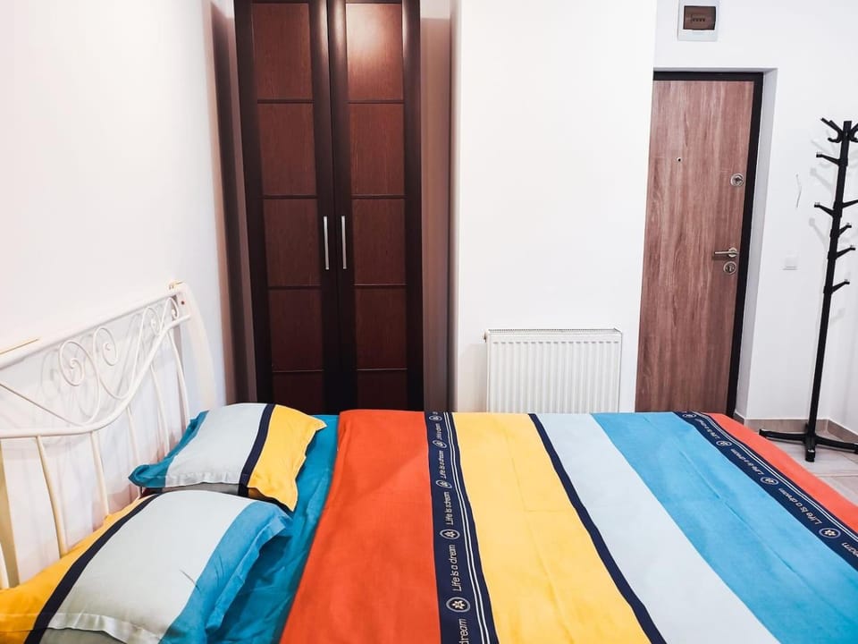 Bed, wardrobe