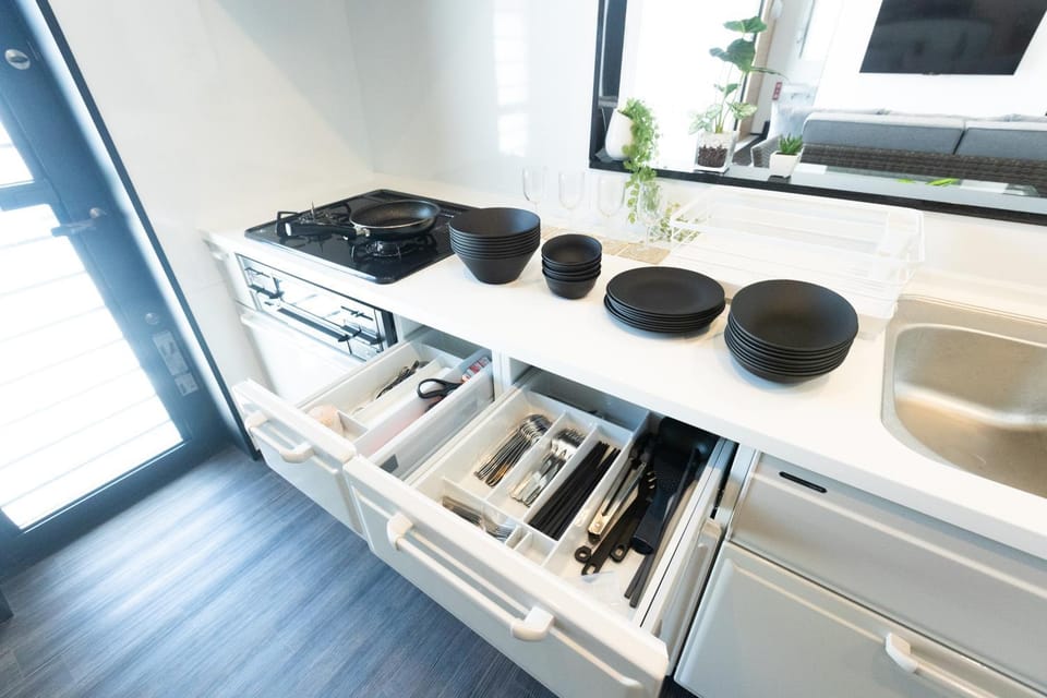 Kitchen or kitchenette, stove