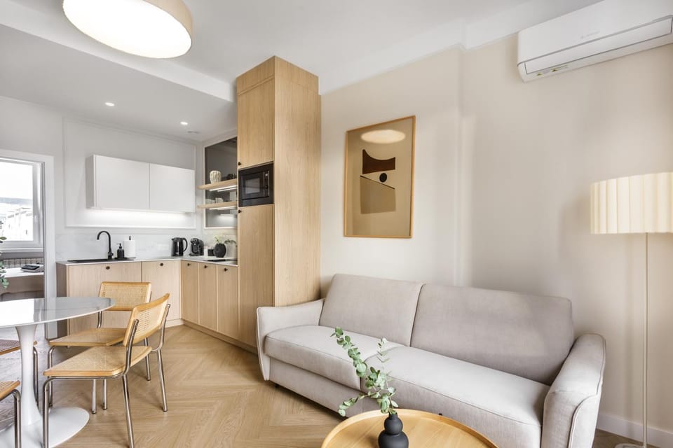 Kitchen or kitchenette, Living room, Seating area, oven, stove, air conditioner