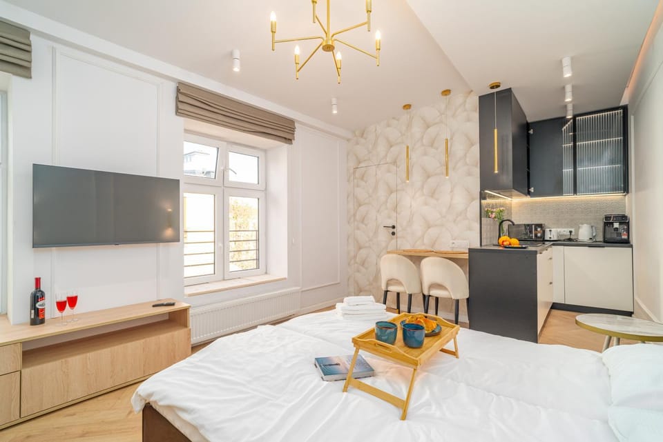 Bed, TV and multimedia, Kitchen or kitchenette, Photo of the whole room, Bedroom, oven, towels