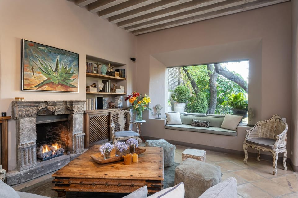 Living room, Seating area, Garden view, fireplace