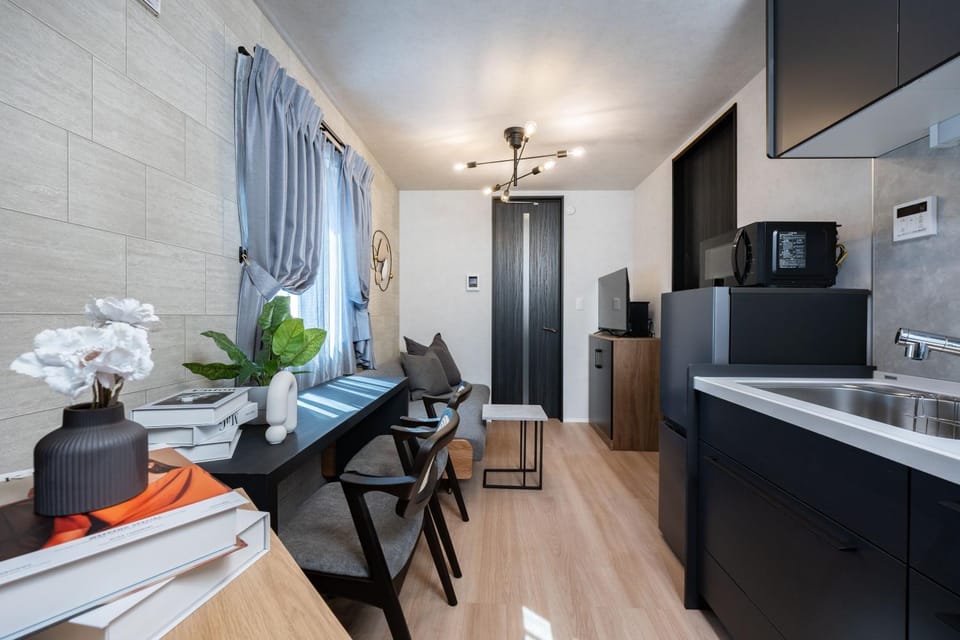 Kitchen or kitchenette, Living room, Dining area, stove