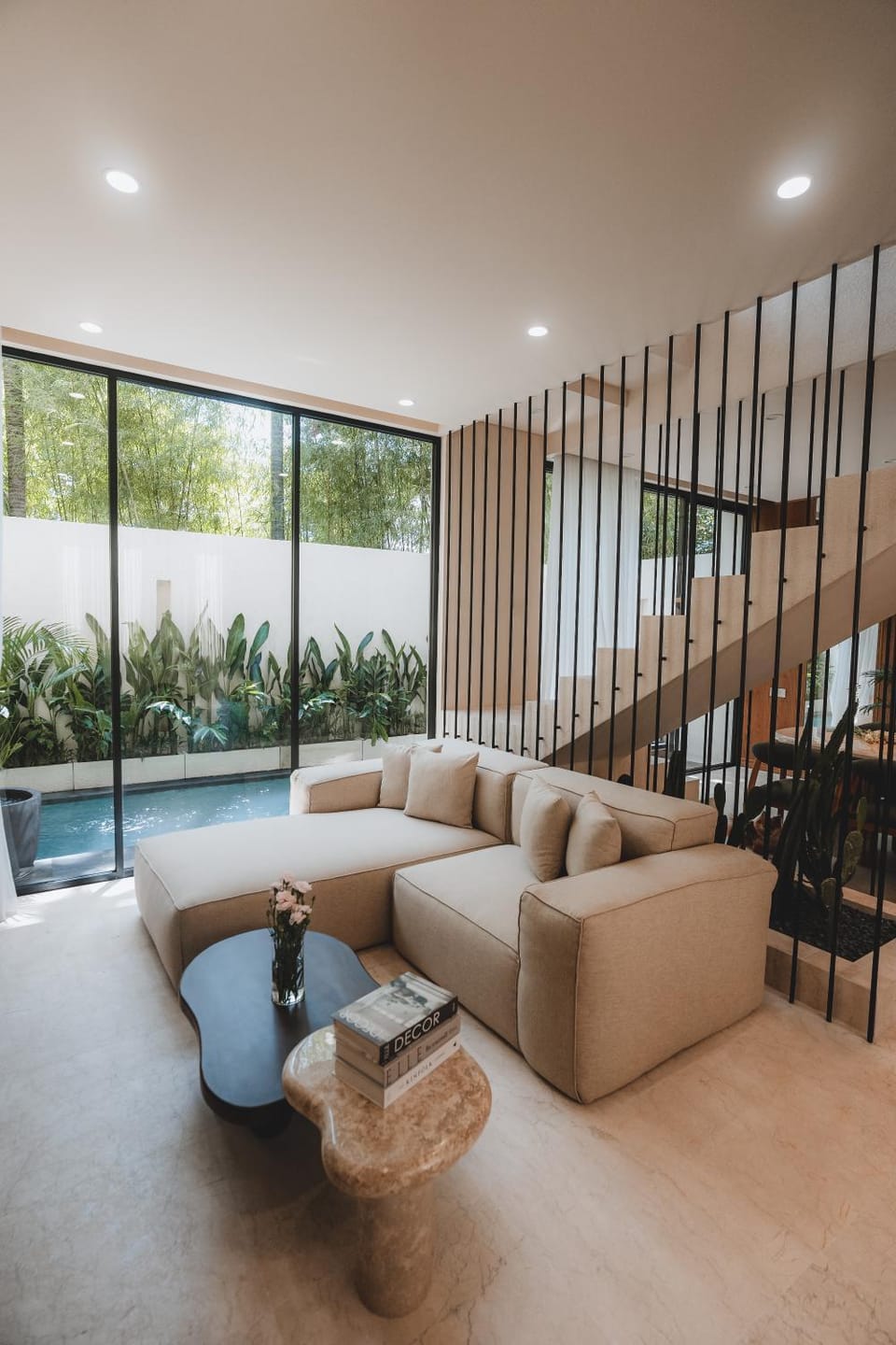View (from property/room), Living room, Seating area, Pool view, Swimming pool, Family, Family, hair dryier, pet friendly, air conditioner