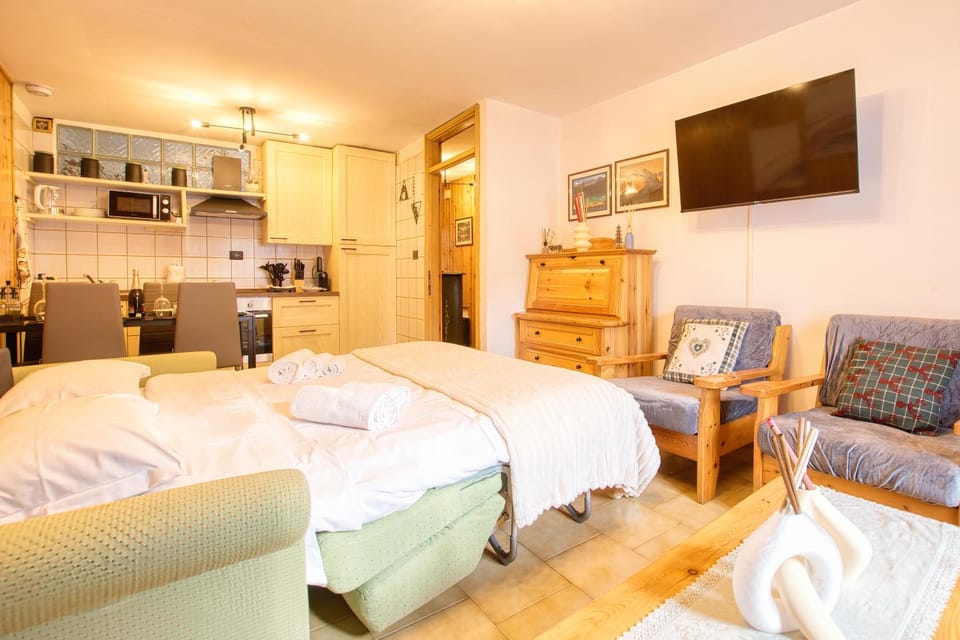 Bed, TV and multimedia, Kitchen or kitchenette, Living room, Photo of the whole room, Seating area, Dining area, Evening entertainment, Bedroom, towels