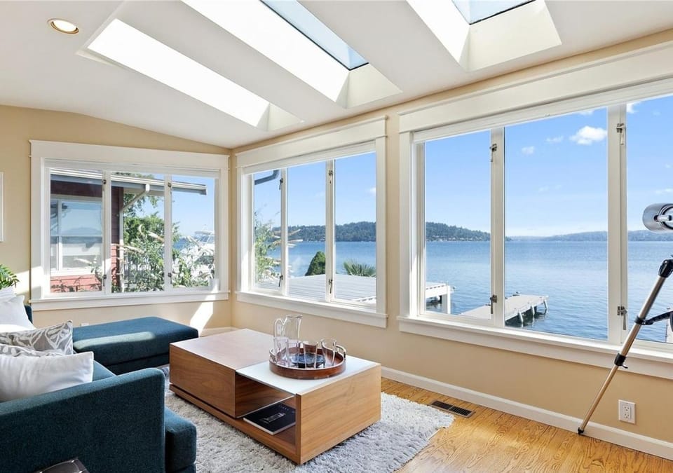 Natural landscape, Living room, Seating area, Lake view