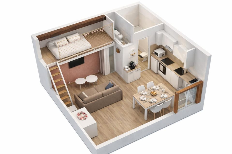 Bed, Kitchen or kitchenette, Photo of the whole room, Floor plan, Dining area